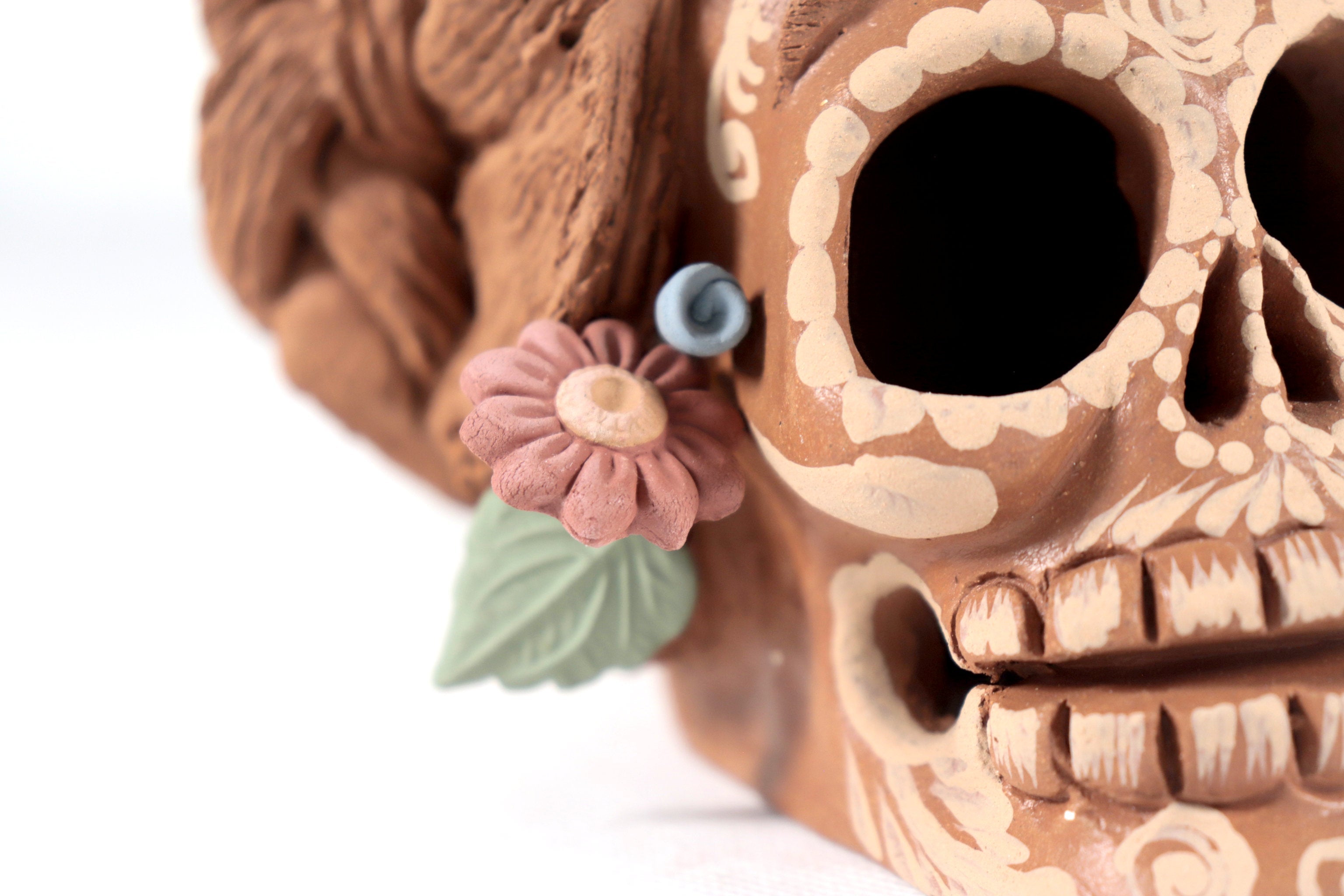 Frida Kahlo Style Skull with Flowers and trenzas - 5.1 in. Cecilio