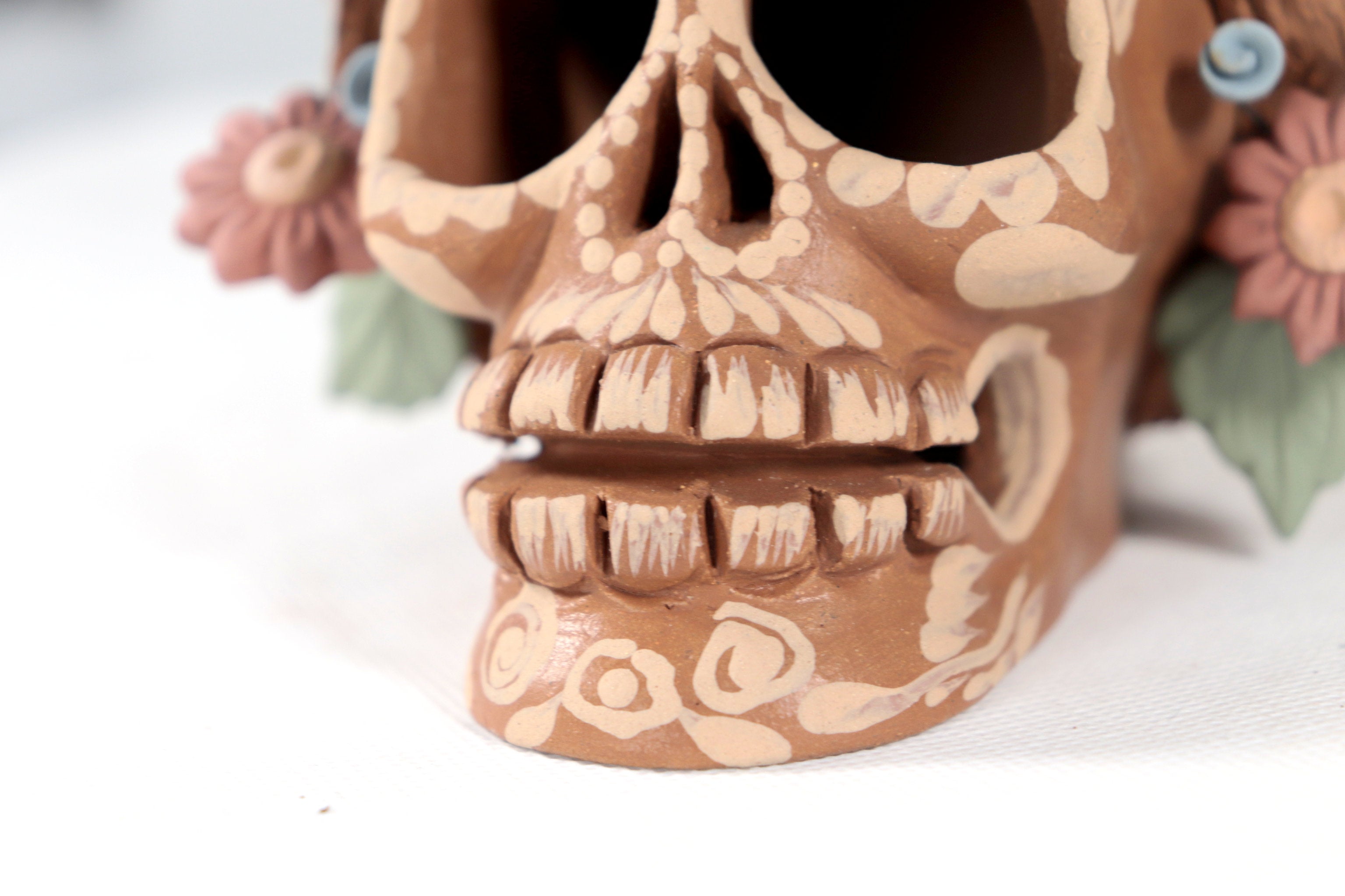 Frida Kahlo Style Skull with Flowers and trenzas - 5.1 in. Cecilio