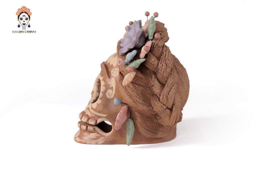 Frida Kahlo Style Skull with Flowers and trenzas - 5.1 in. Cecilio