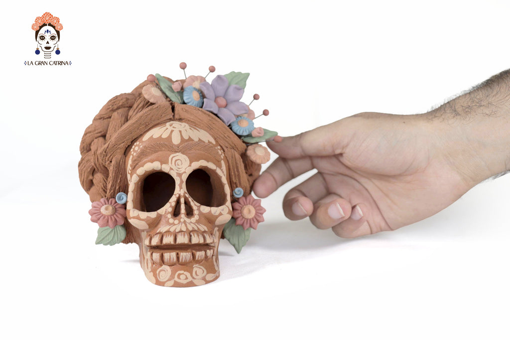 Frida Kahlo Style Skull with Flowers and trenzas - 5.1 in. Cecilio