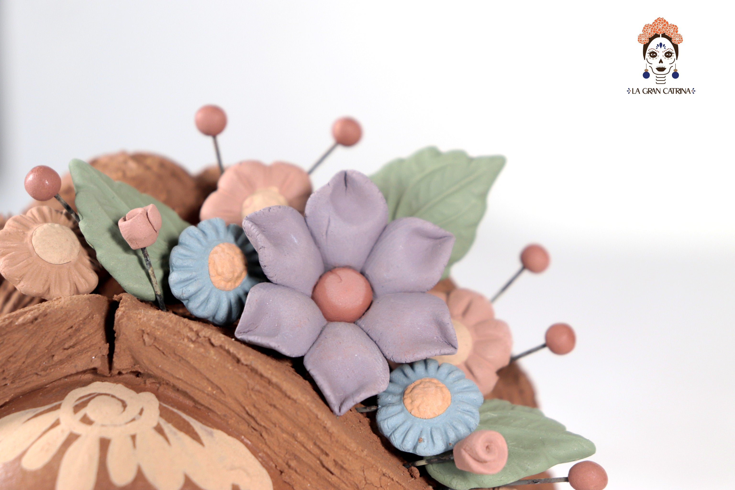 Frida Kahlo Style Skull with Flowers and trenzas - 5.1 in. Cecilio