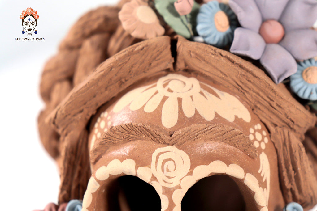 Frida Kahlo Style Skull with Flowers and trenzas - 5.1 in. Cecilio