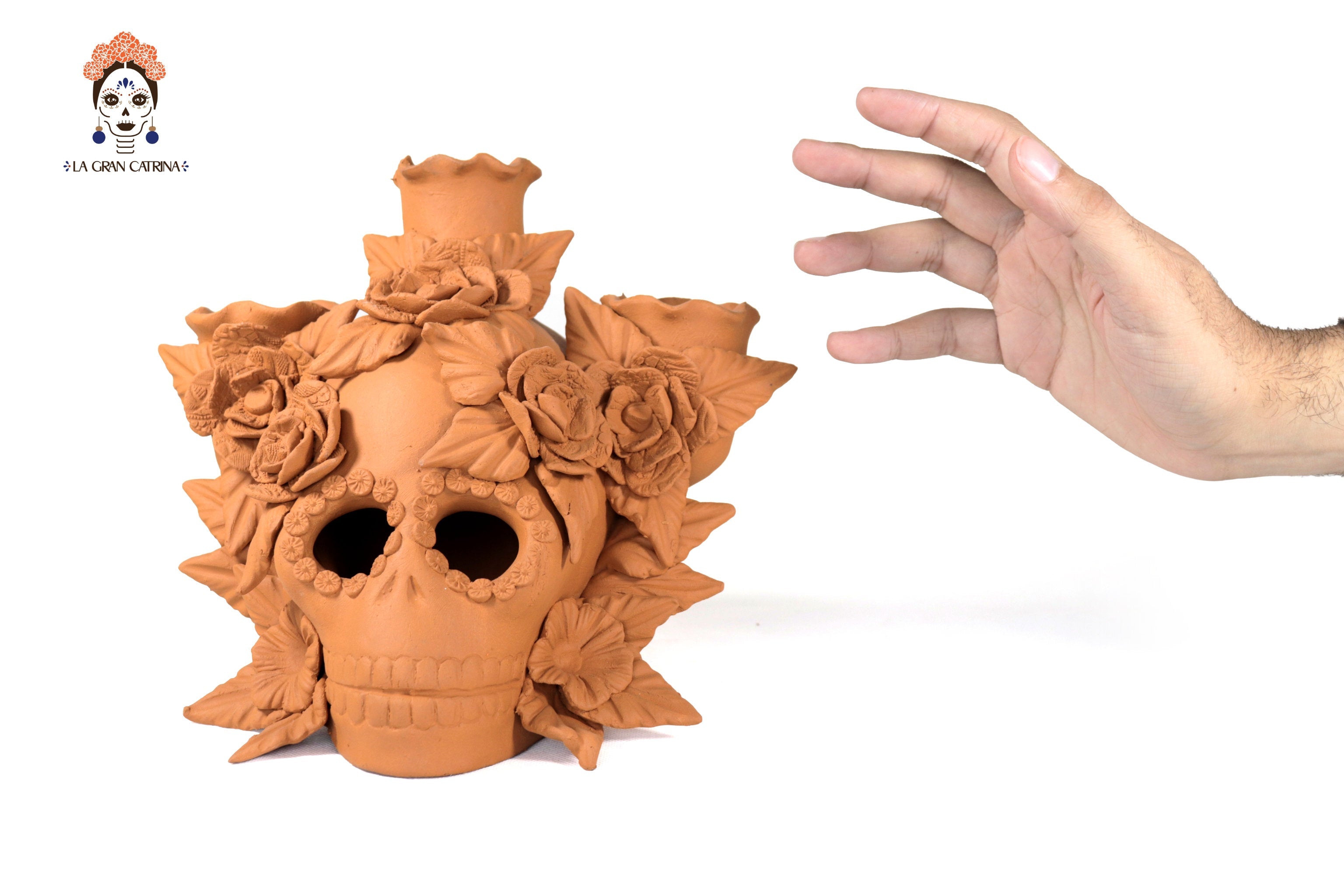 Candleholder Day of the Dead Orange 8.6 in. Brenda Capula