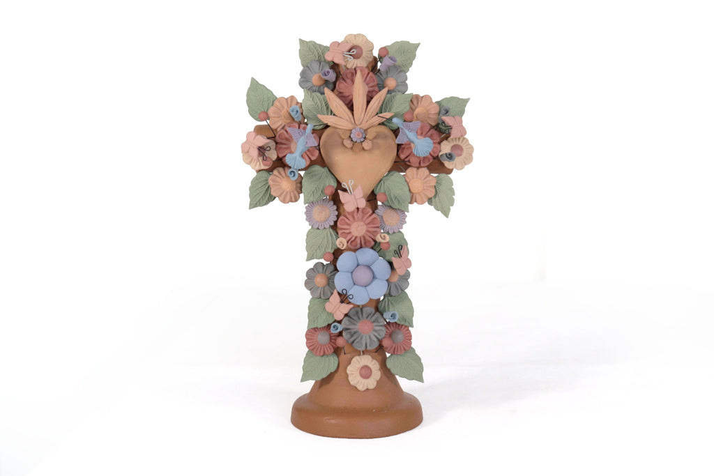 Floral Cross Clay with Heart and Birds - 11.8 in. Cecilio