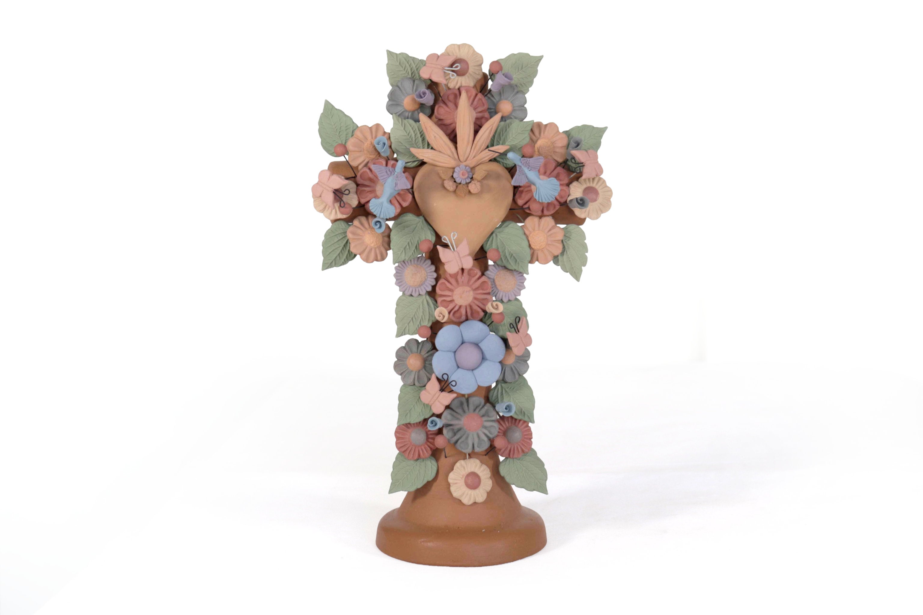 Floral Cross Clay with Heart and Birds - 11.8 in. Cecilio