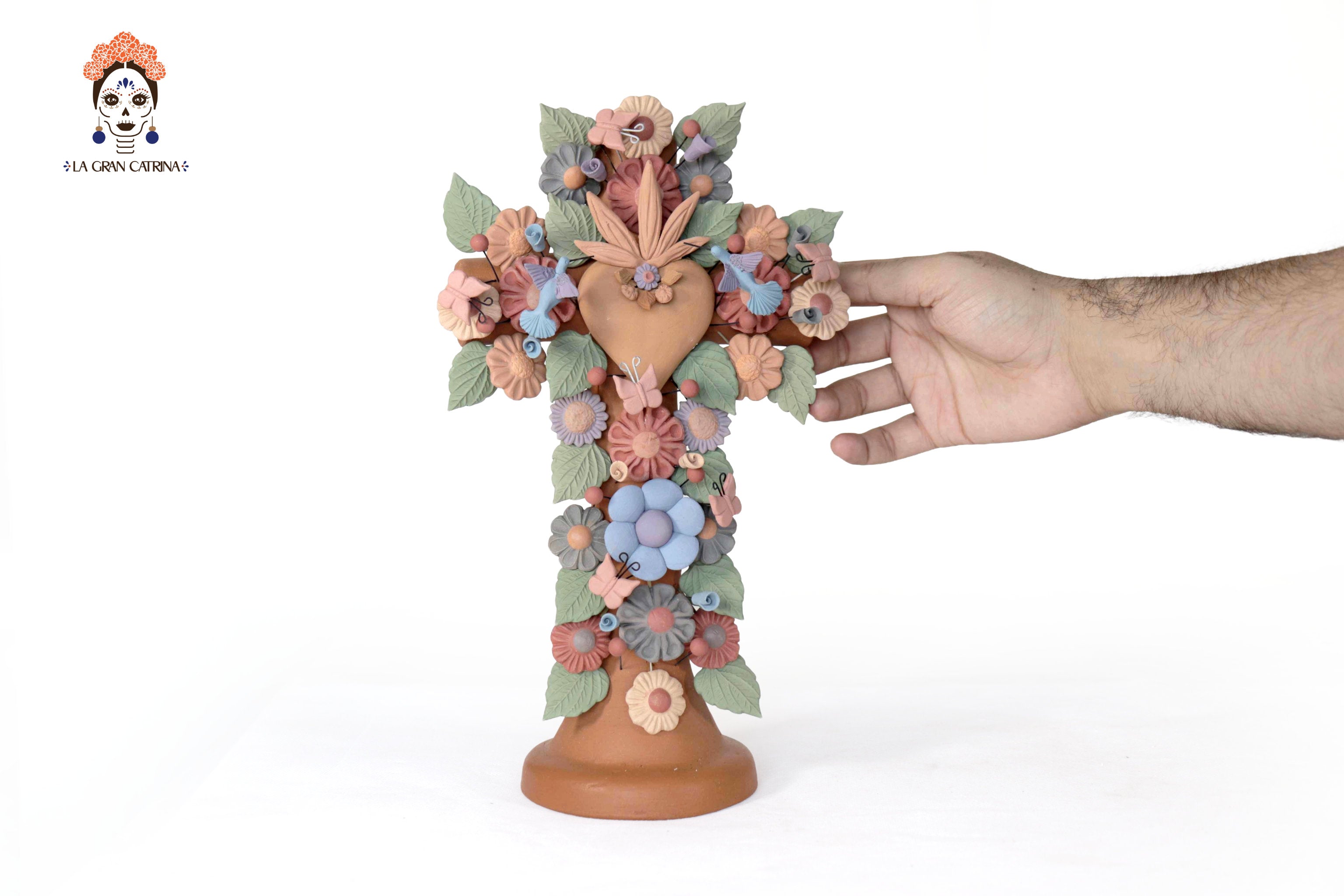 Floral Cross Clay with Heart and Birds - 11.8 in. Cecilio
