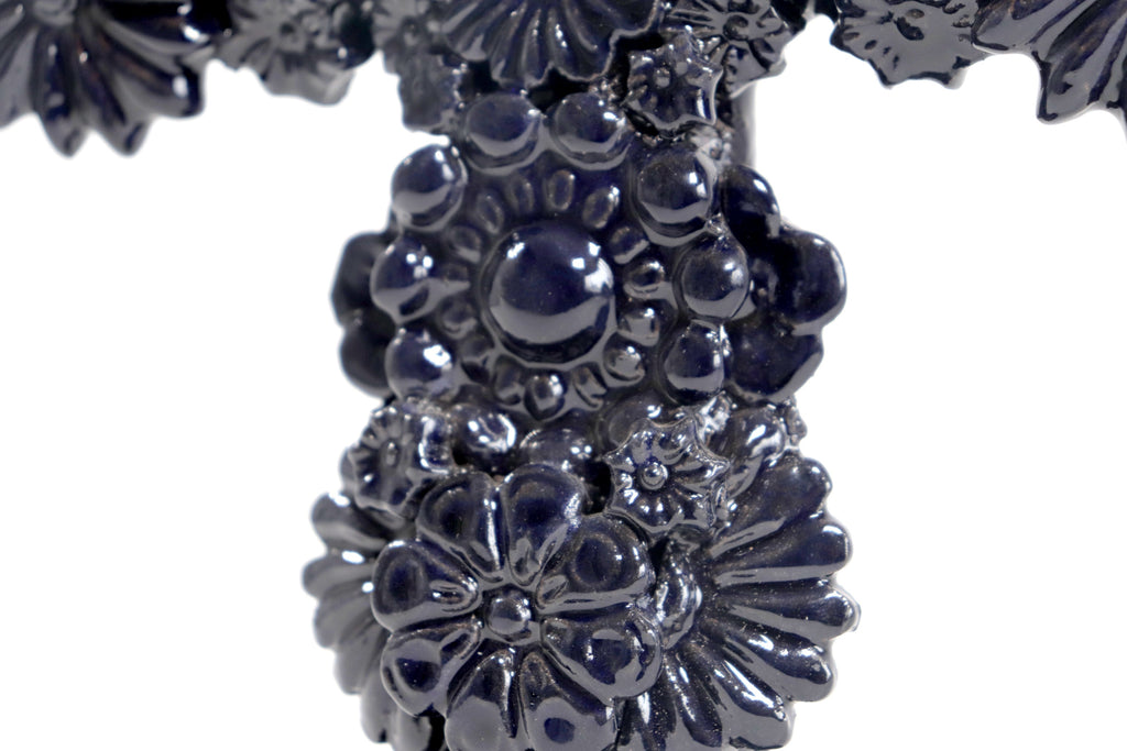 Cross Glazed Clay Blue Cobtall with Flowers - 10 in. Tereri