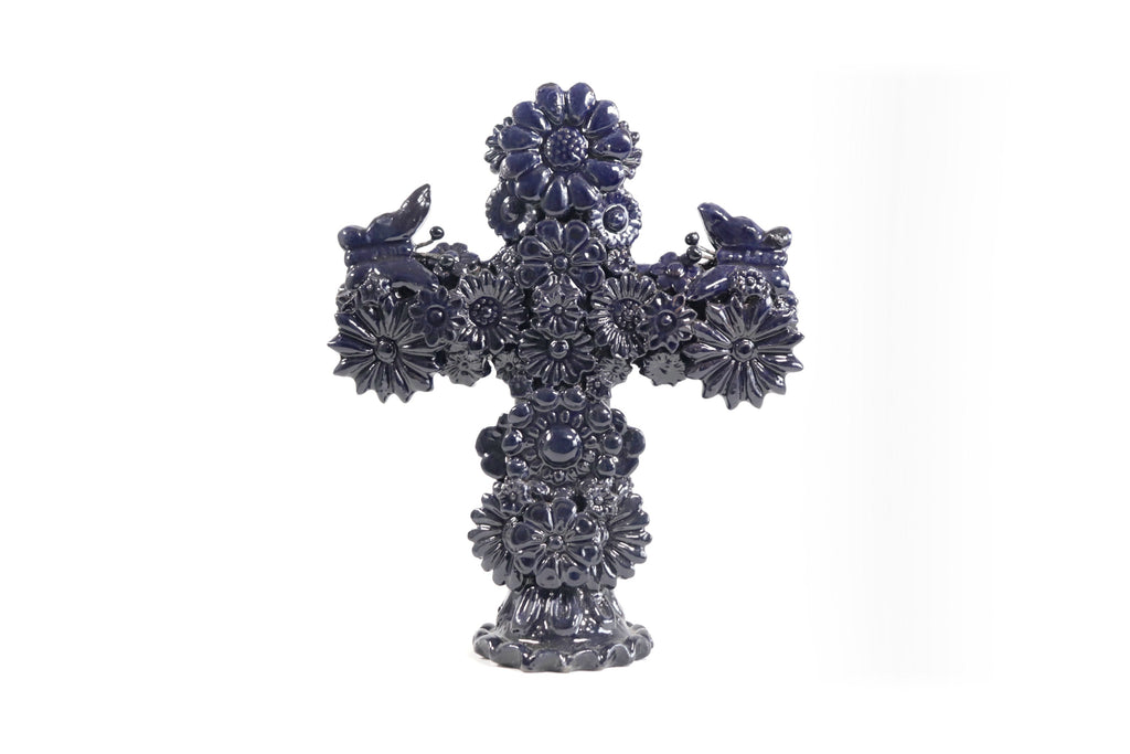Cross Glazed Clay Blue Cobtall with Flowers - 10 in. Tereri