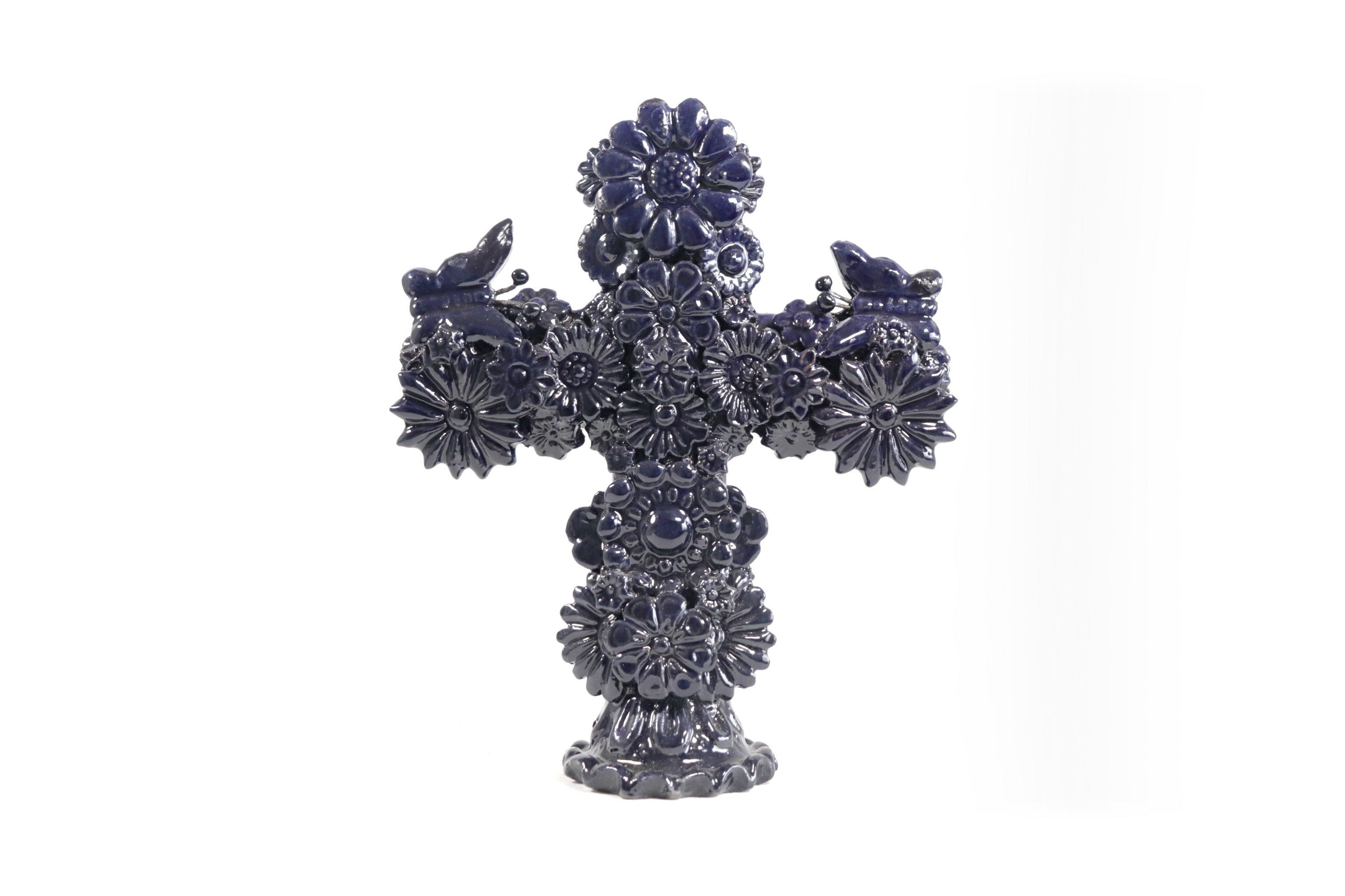 Cross Glazed Clay Blue Cobtall with Flowers - 10 in. Tereri