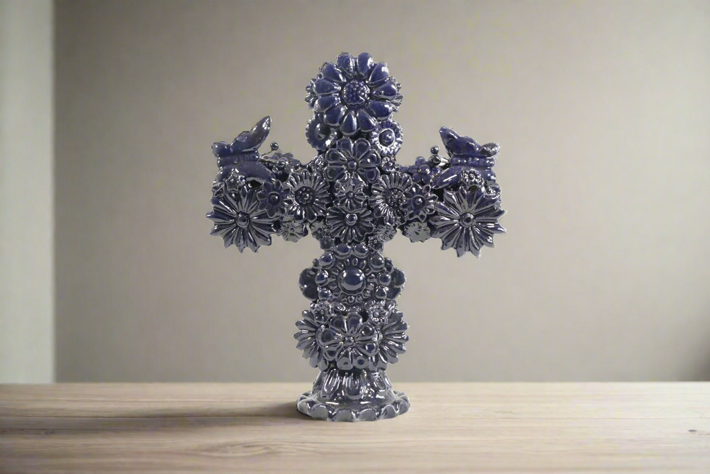 Cross Glazed Clay Blue Cobtall with Flowers - 10 in. Tereri