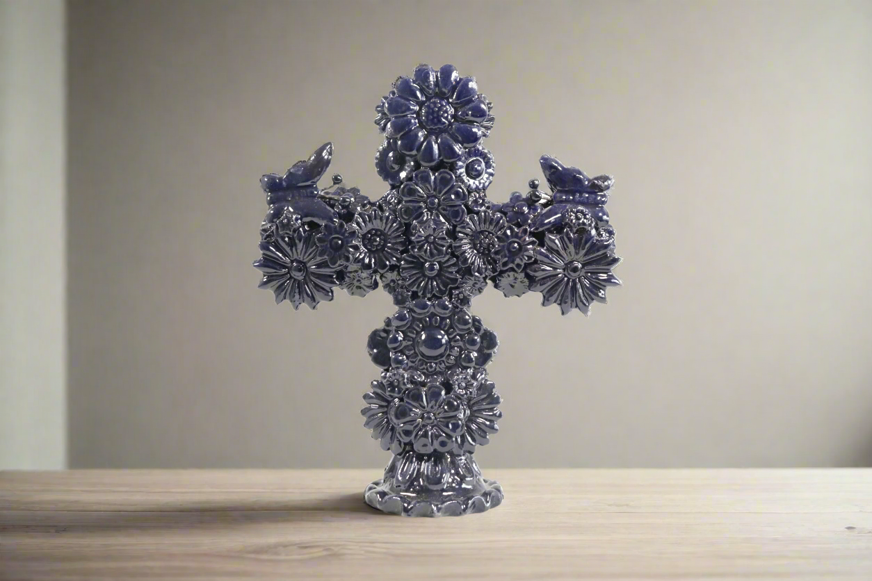 Cross Glazed Clay Blue Cobtall with Flowers - 10 in. Tereri