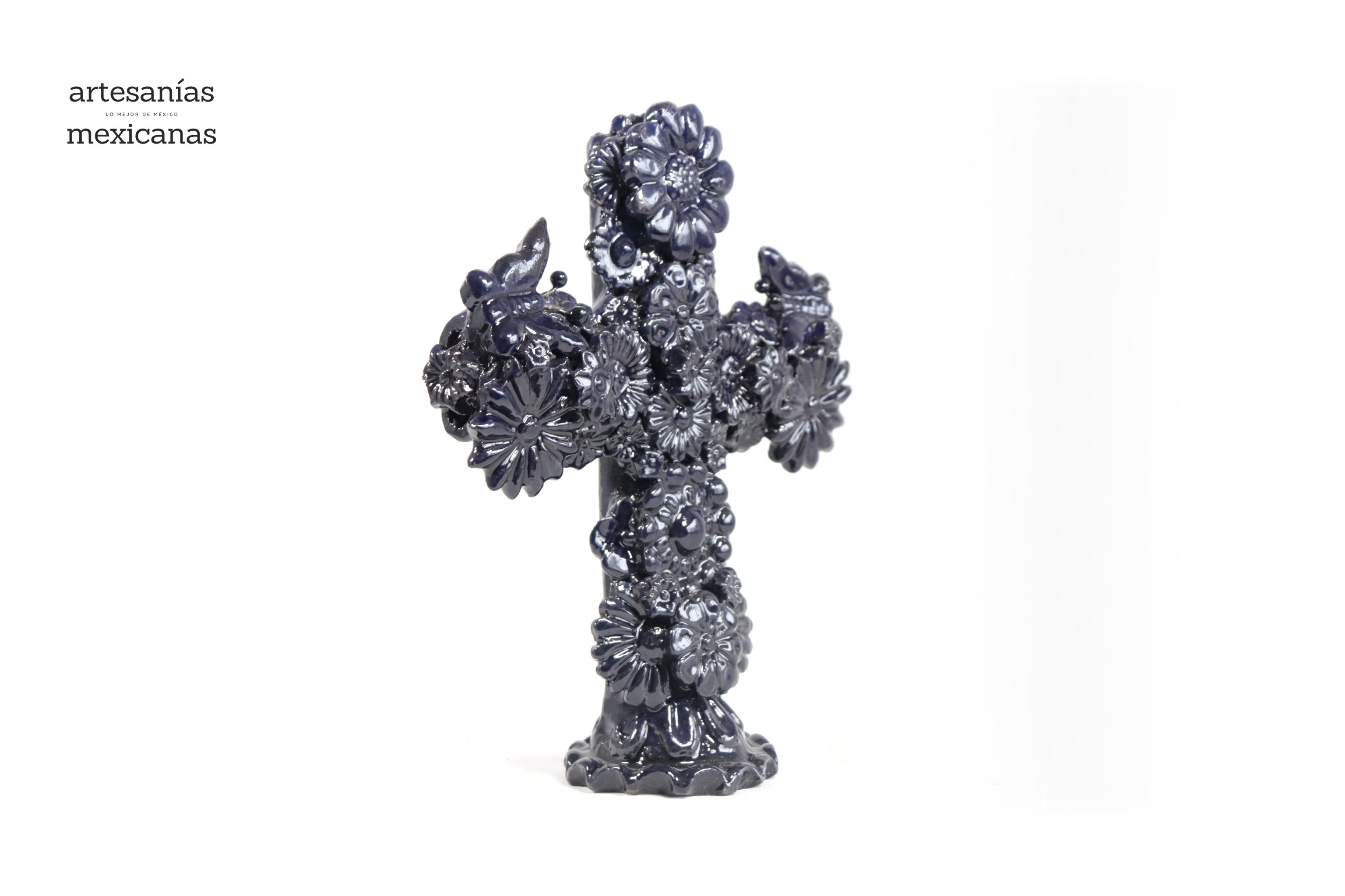 Cross Glazed Clay Blue Cobtall with Flowers - 10 in. Tereri