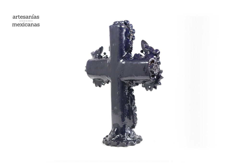 Cross Glazed Clay Blue Cobtall with Flowers - 10 in. Tereri