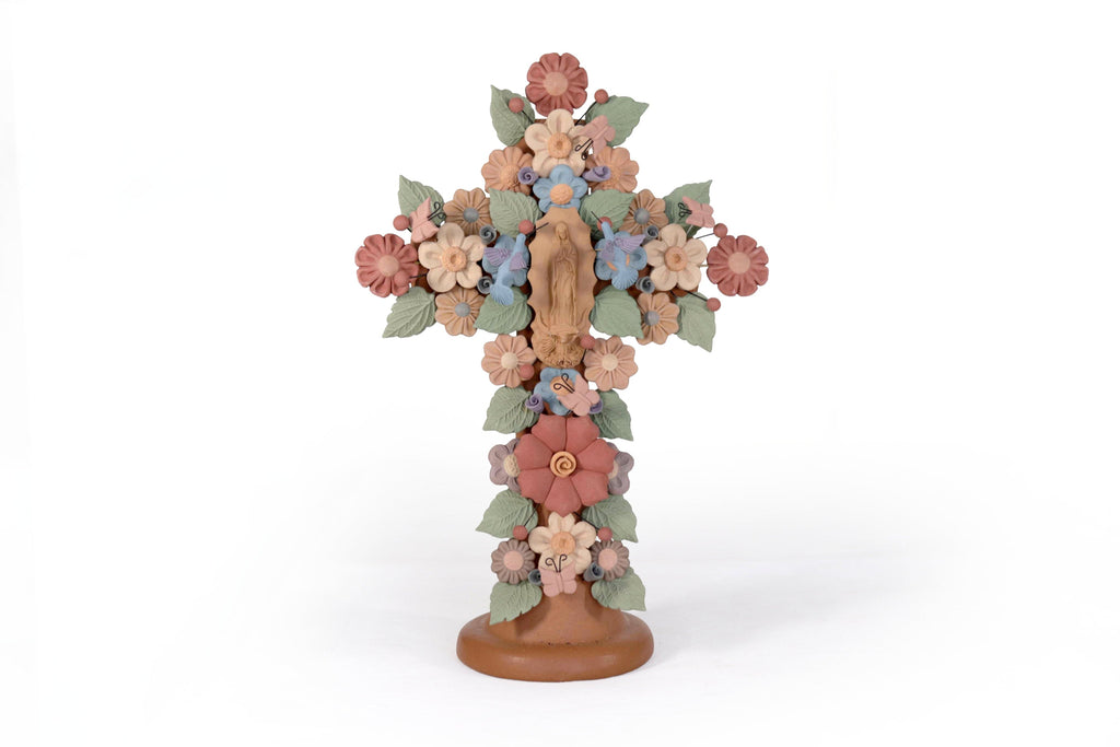 Floral Cross Clay with Virgin of Guadalupe and Birds - 12.3 in. Cecilio