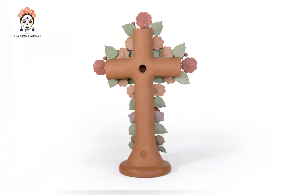Floral Cross Clay with Virgin of Guadalupe and Birds - 12.3 in. Cecilio