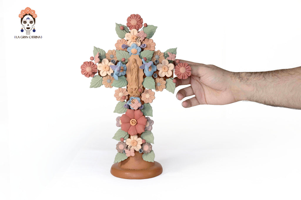 Floral Cross Clay with Virgin of Guadalupe and Birds - 12.3 in. Cecilio