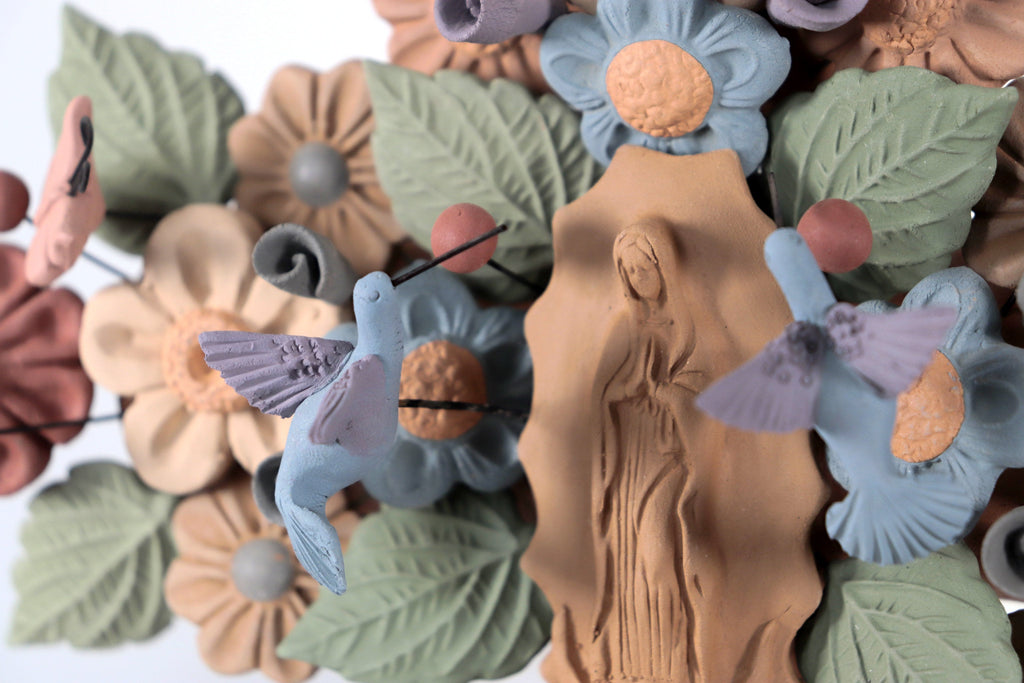 Floral Cross Clay with Virgin of Guadalupe and Birds - 12.3 in. Cecilio