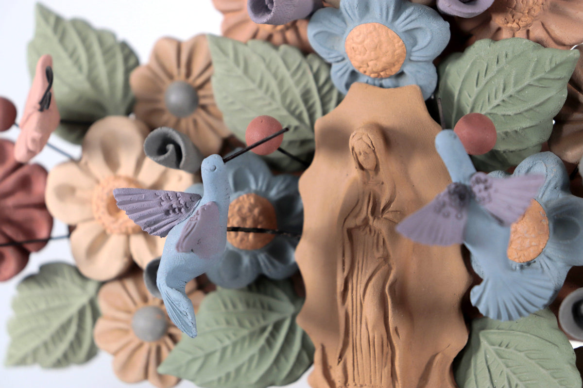 Floral Cross Clay with Virgin of Guadalupe and Birds - 12.3 in. Cecilio