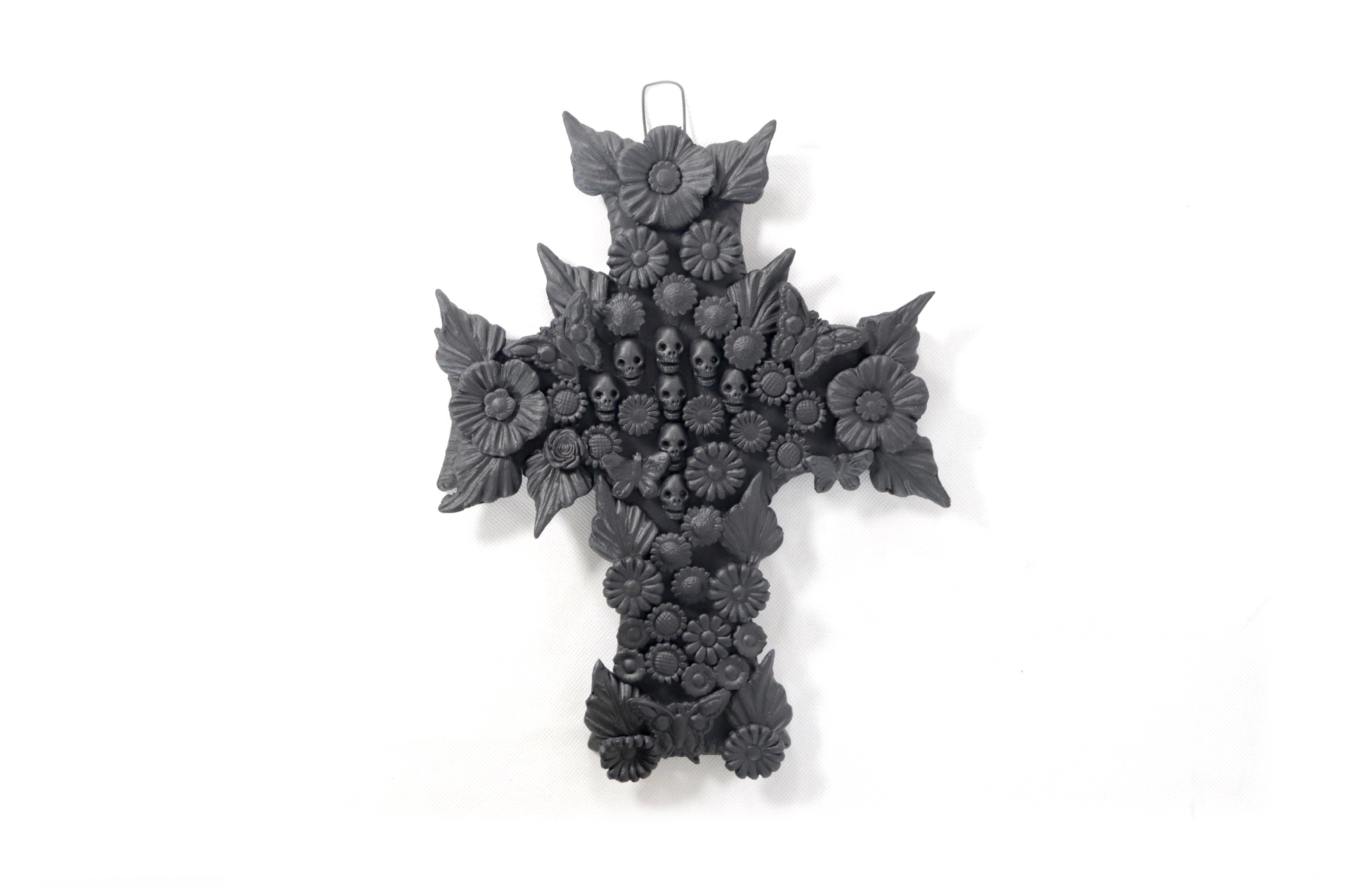 Cross with Flowers and skulls black - 11 in. Brenda Capula