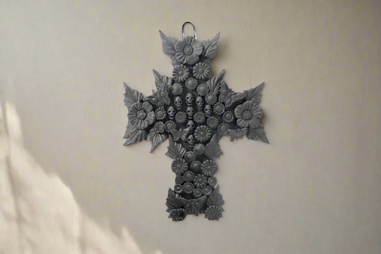 Cross with Flowers and skulls black - 11 in. Brenda Capula