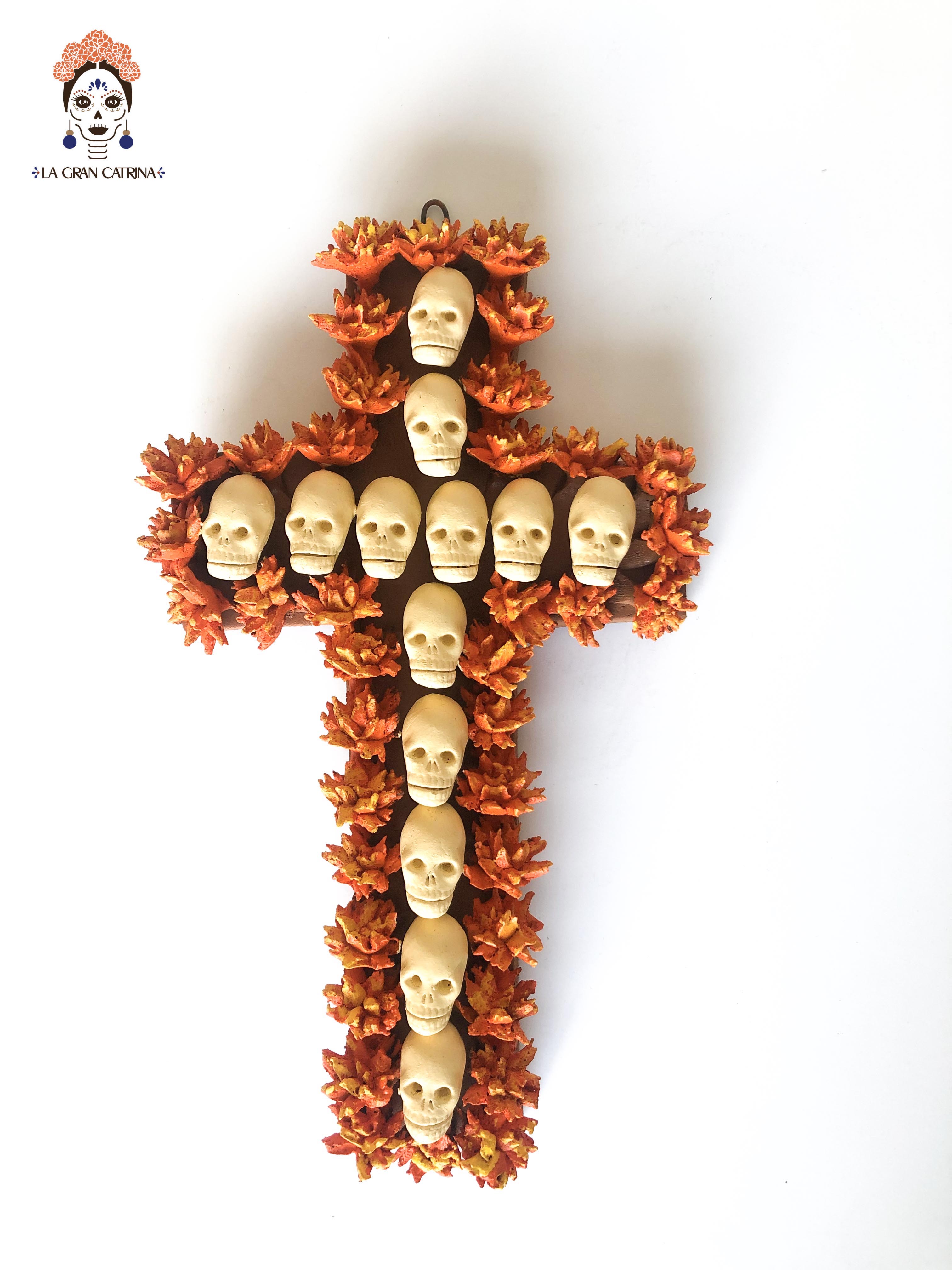 Cross Day of the Dead skulls and marigold 10 in. Lizbeth Cruces