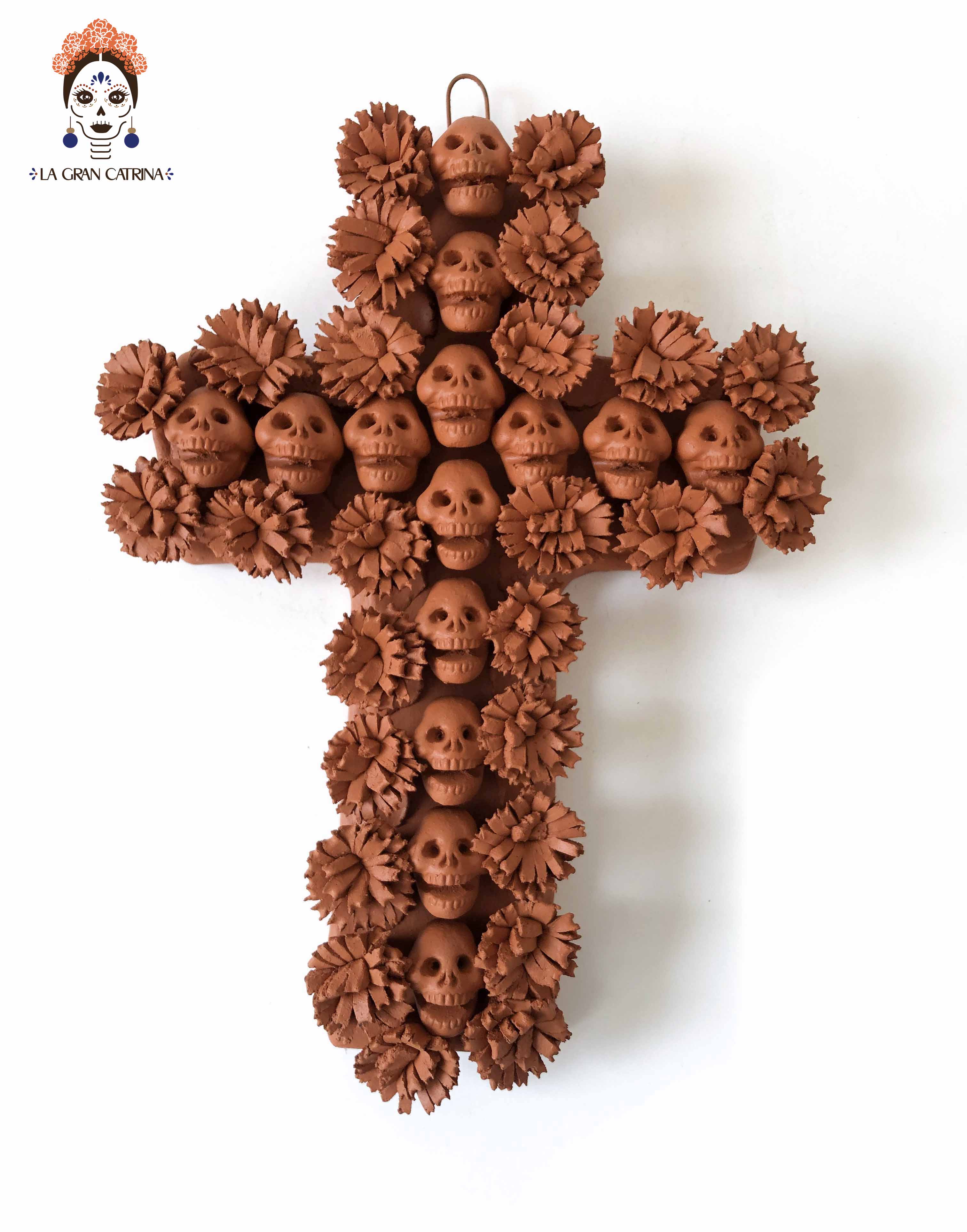 Cross Day of the Dead skulls and marigold 10 in. Lizbeth Cruces