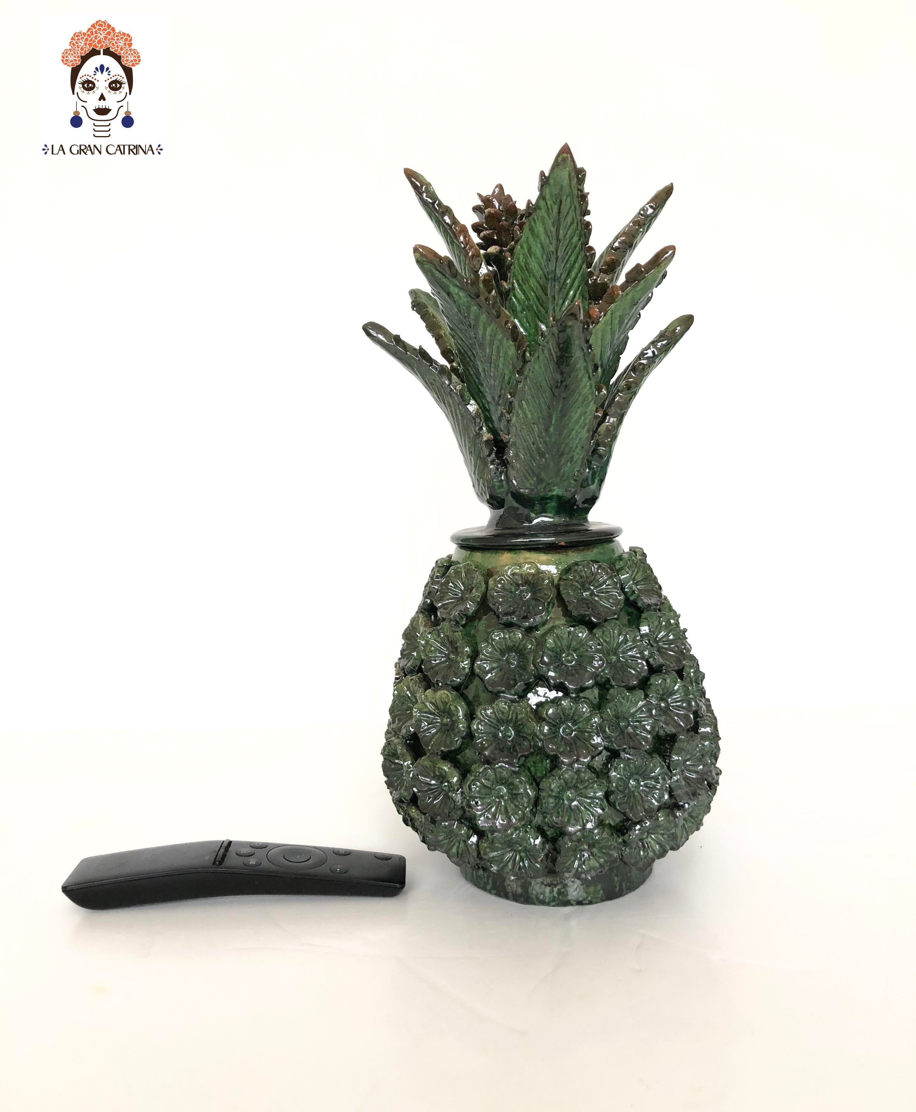 Michoacán Clay Pineapple - Flowers Green - 13 in. - Made to Order Juan Gtz