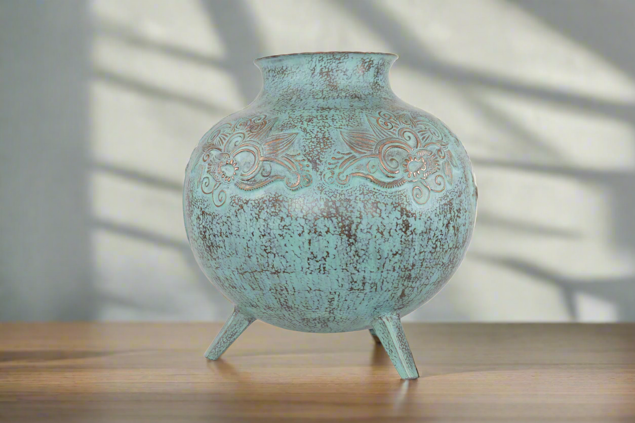 Vase of cobre martillado en acabado turquoise - 11 in. Santa Clara del Cobre