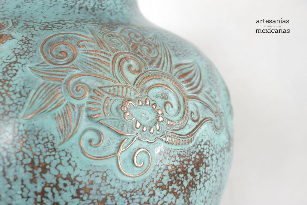 Vase of cobre martillado en acabado turquoise - 11 in. Santa Clara del Cobre