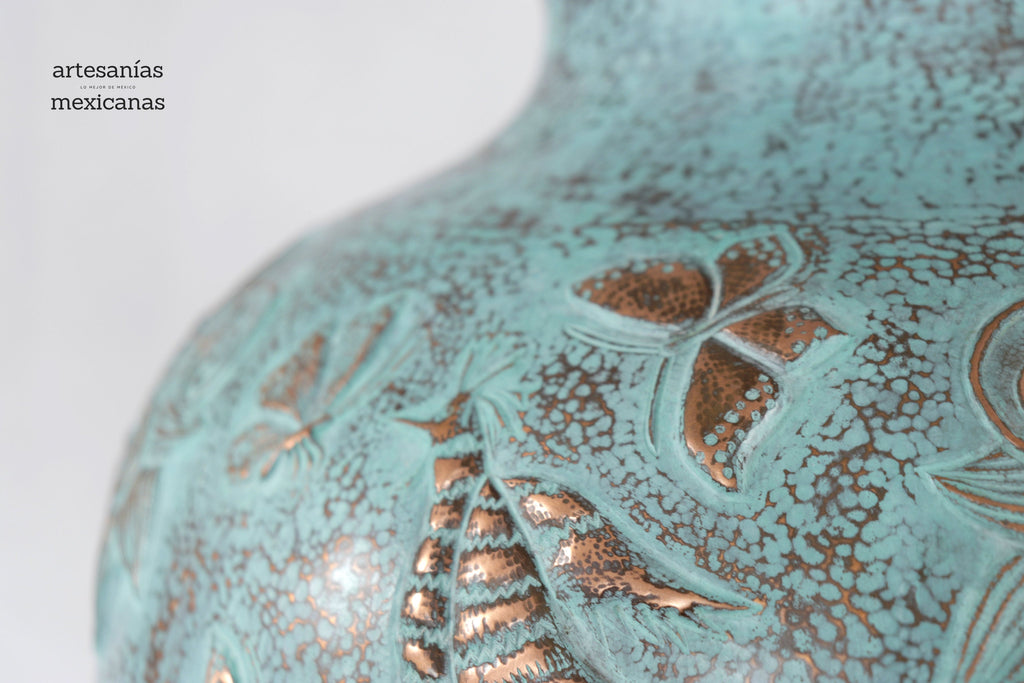 Vase of cobre martillado en acabado turquoise - 11 in. Santa Clara del Cobre