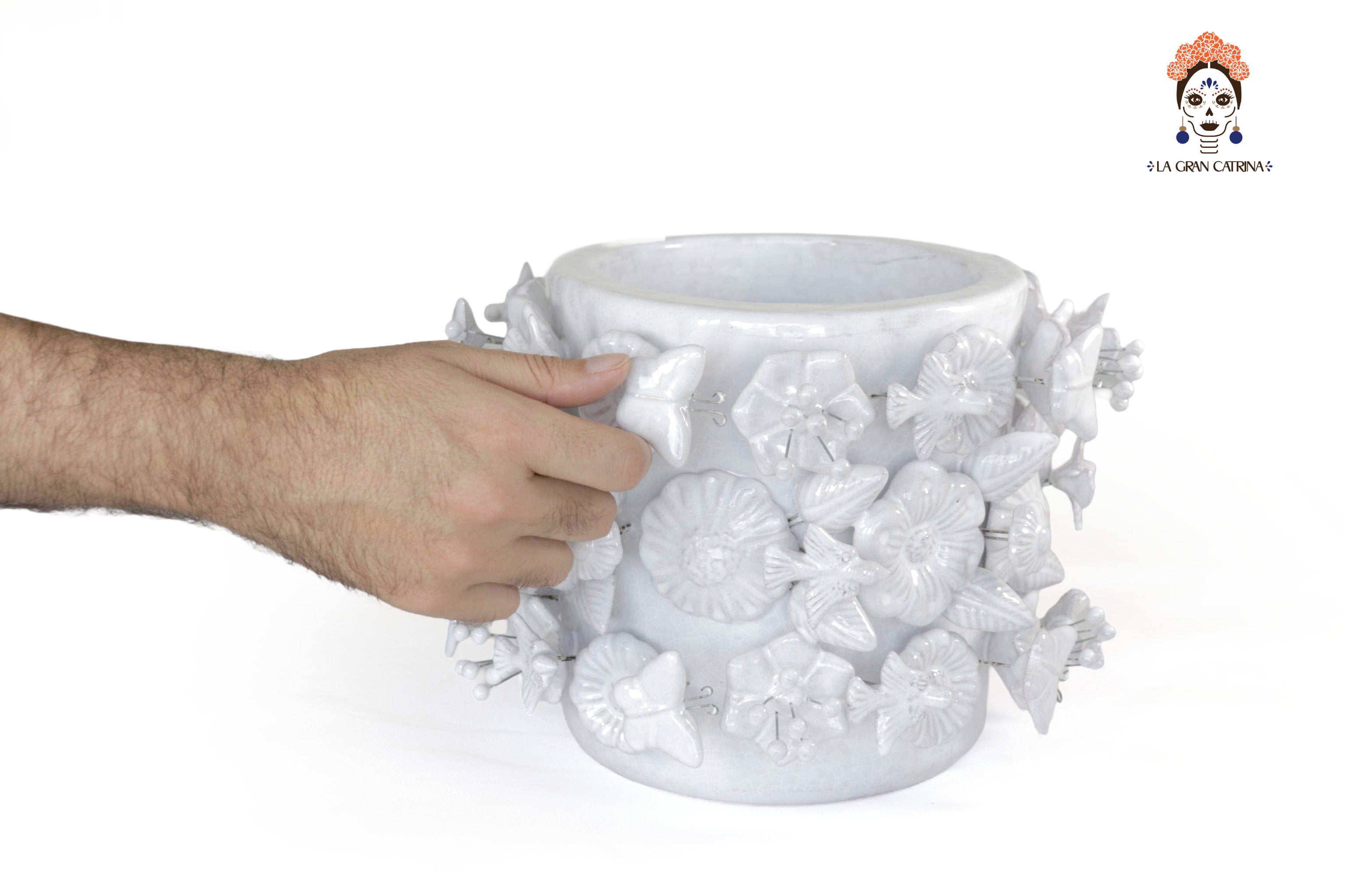 Planter with Flowers and butterflies white - Glazed Clay - 7.6 in. Tereri