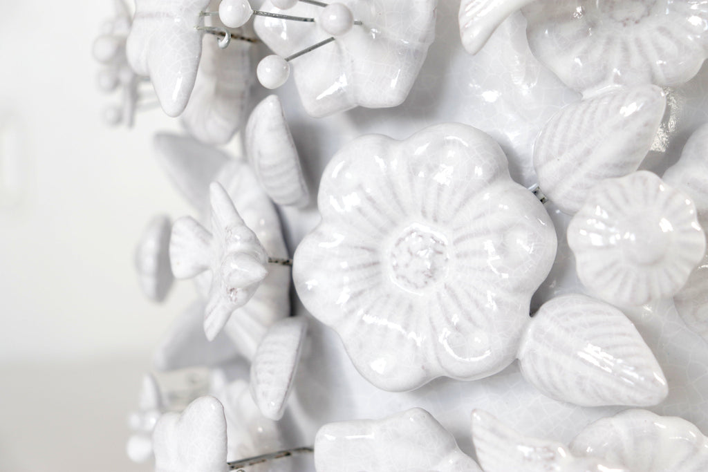 Planter with Flowers and butterflies white - Glazed Clay - 7.6 in. Tereri