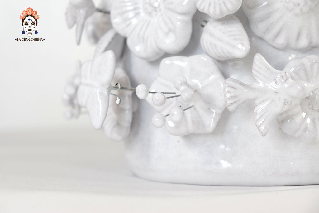 Planter with Flowers and butterflies white - Glazed Clay - 7.6 in. Tereri
