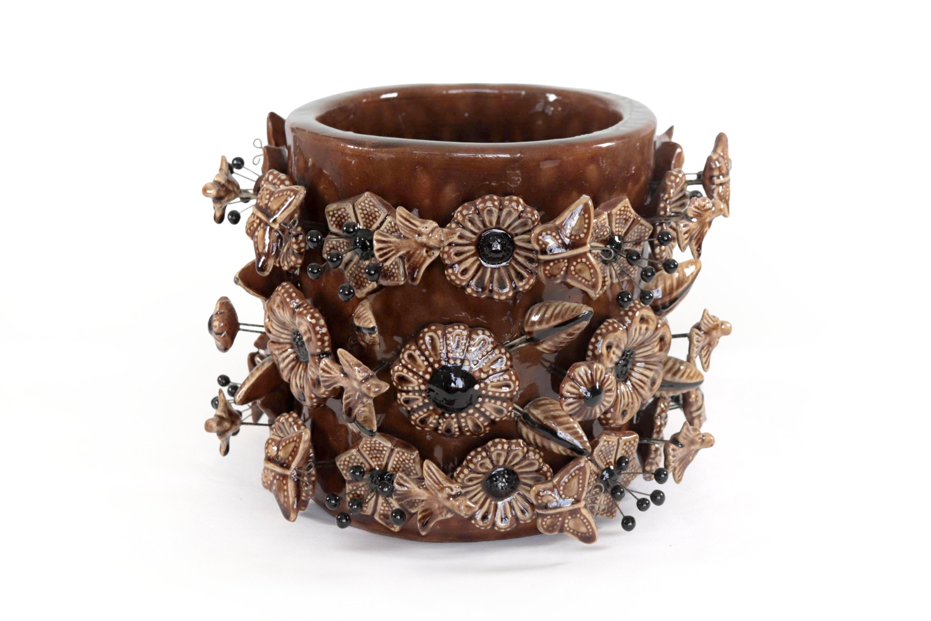 Planter with Flowers and butterflies brown - Glazed Clay - 7.6 in. Tereri