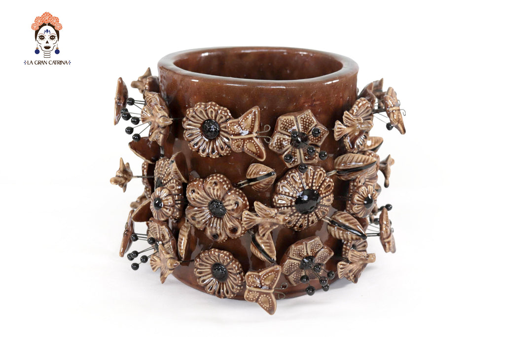Planter with Flowers and butterflies brown - Glazed Clay - 7.6 in. Tereri