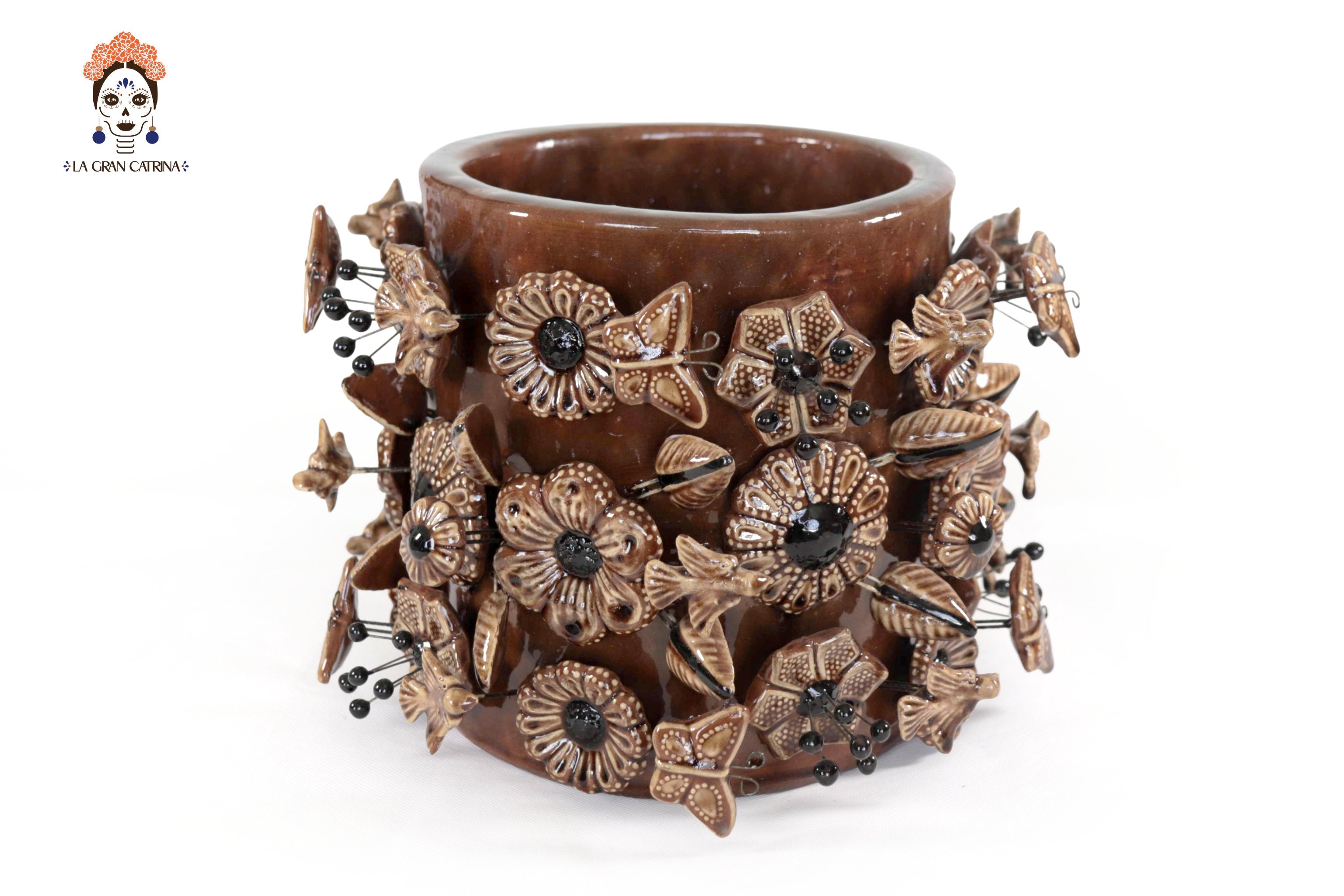 Planter with Flowers and butterflies brown - Glazed Clay - 7.6 in. Tereri