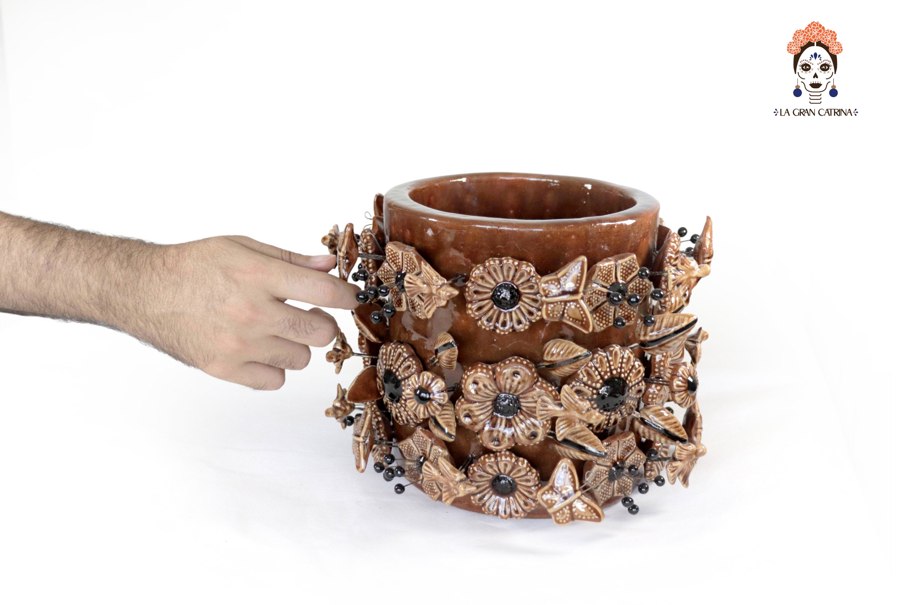 Planter with Flowers and butterflies brown - Glazed Clay - 7.6 in. Tereri