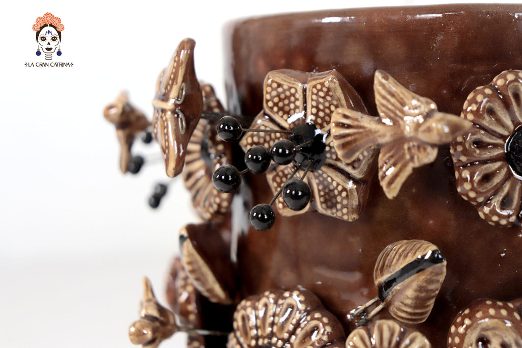Planter with Flowers and butterflies brown - Glazed Clay - 7.6 in. Tereri