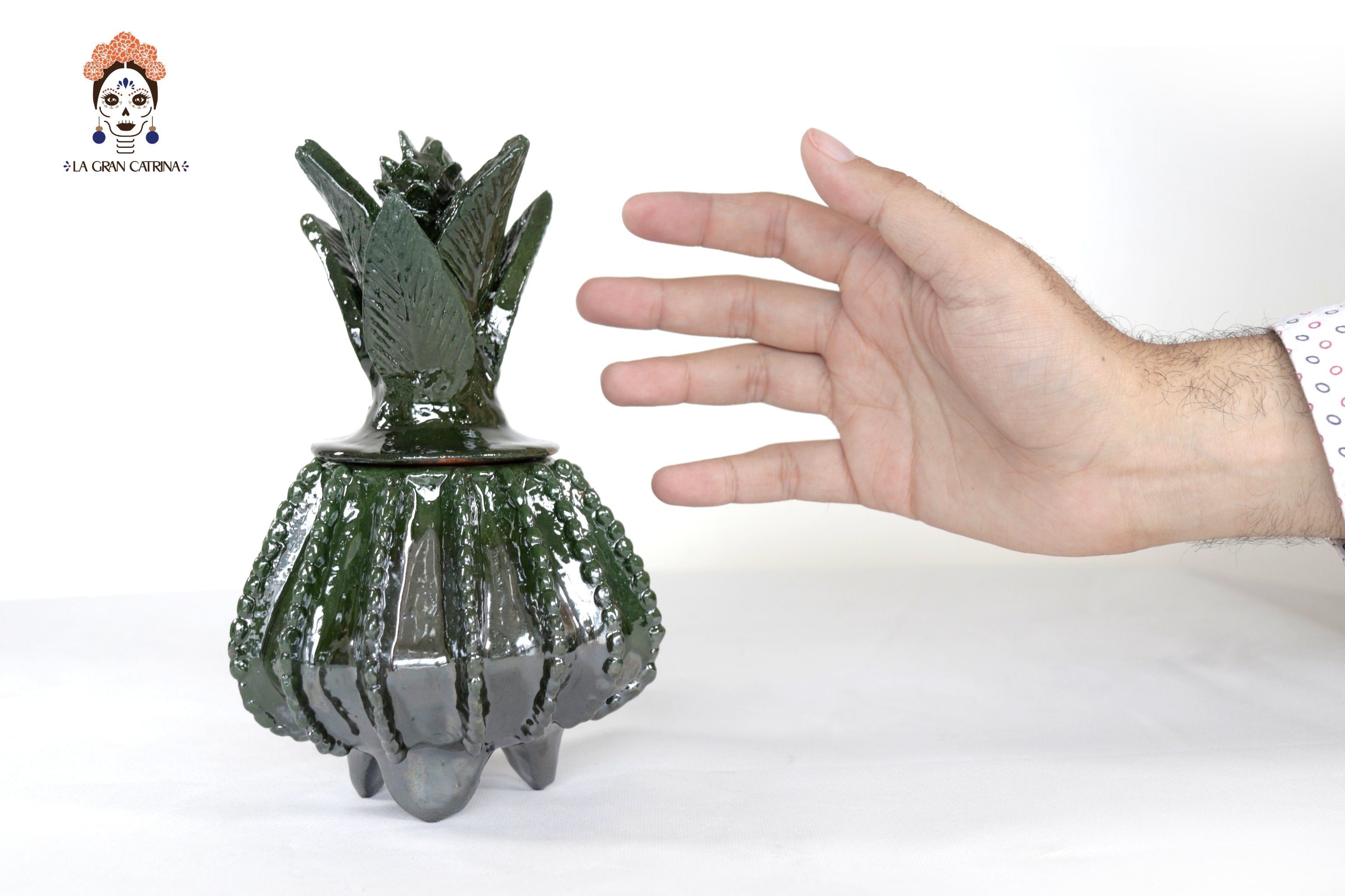 Michoacán Clay Pineapple - Green small barrel cactus - 7.7 in. - Made to Order Juan Gtz