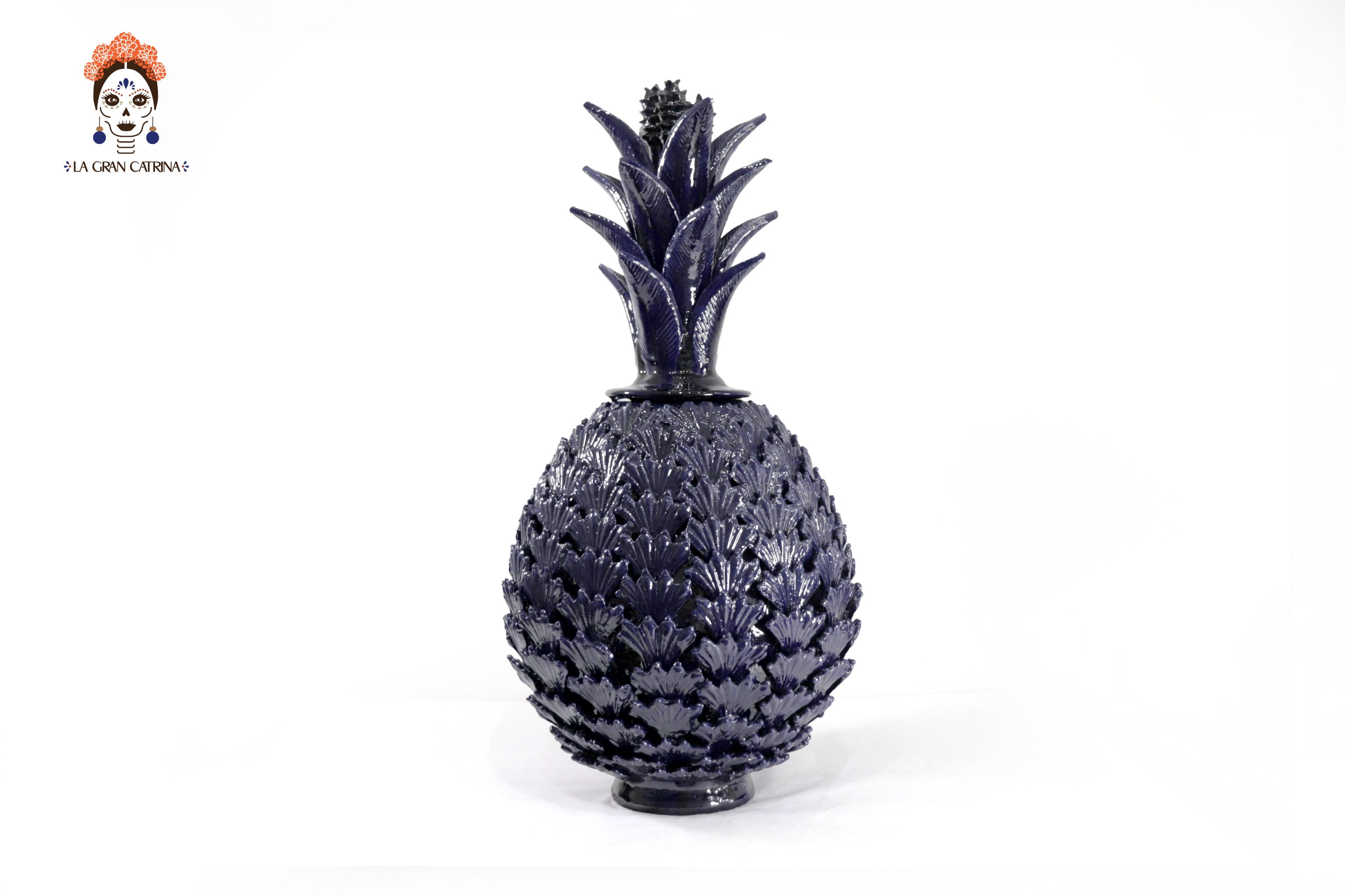 Michoacán Clay Pineapple - Blue with Leaves - 19.6 in. - Made to Order Juan Gtz