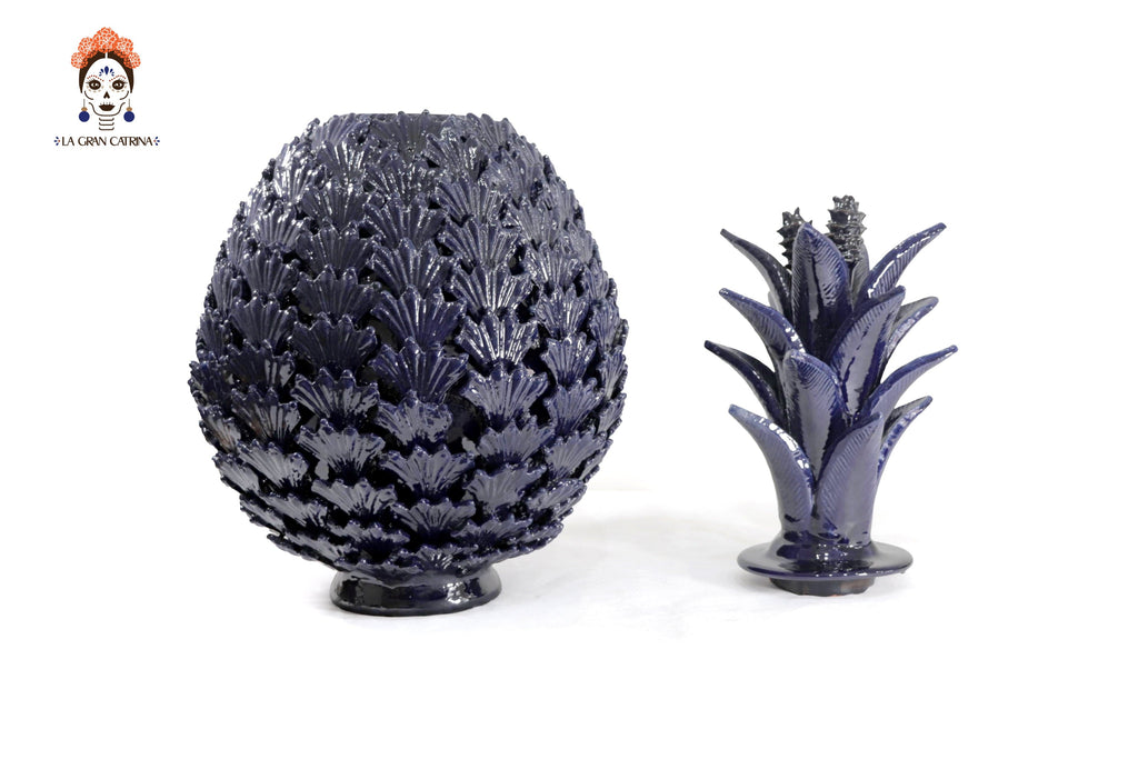 Michoacán Clay Pineapple - Blue with Leaves - 19.6 in. - Made to Order Juan Gtz