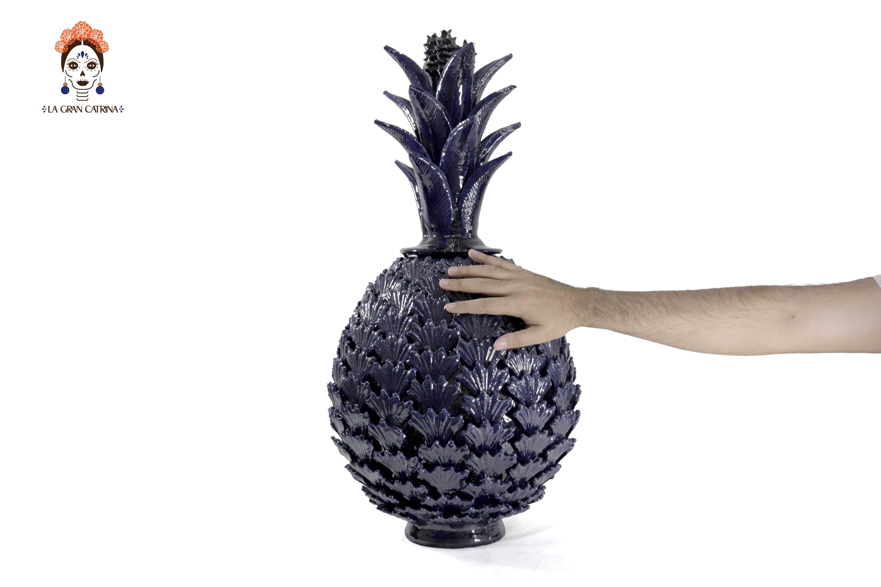 Michoacán Clay Pineapple - Blue with Leaves - 19.6 in. - Made to Order Juan Gtz