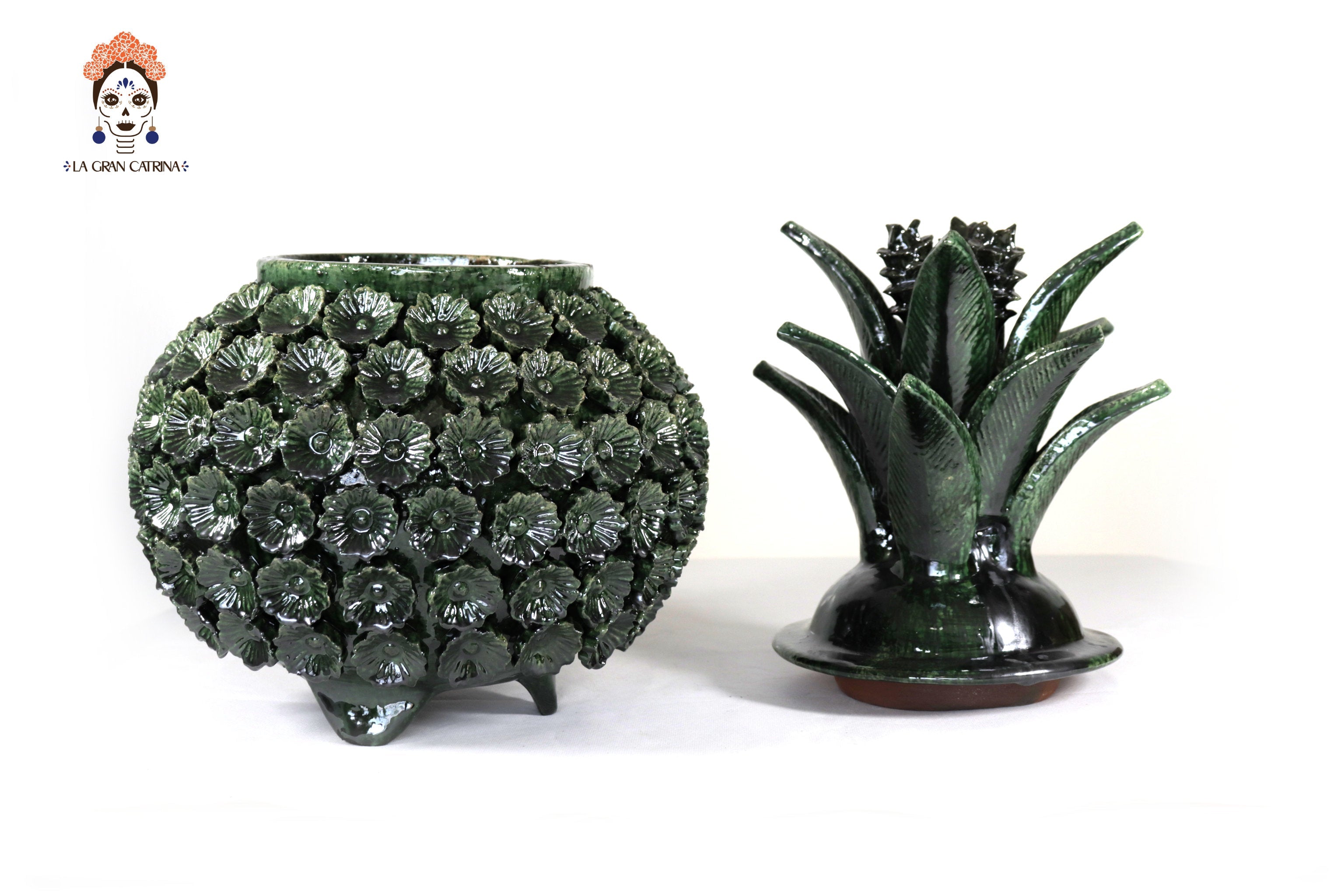 Michoacán Clay Pineapple - Green with Flowers - Tangancícuaro - 18 in.- Made to Order Juan Gtz