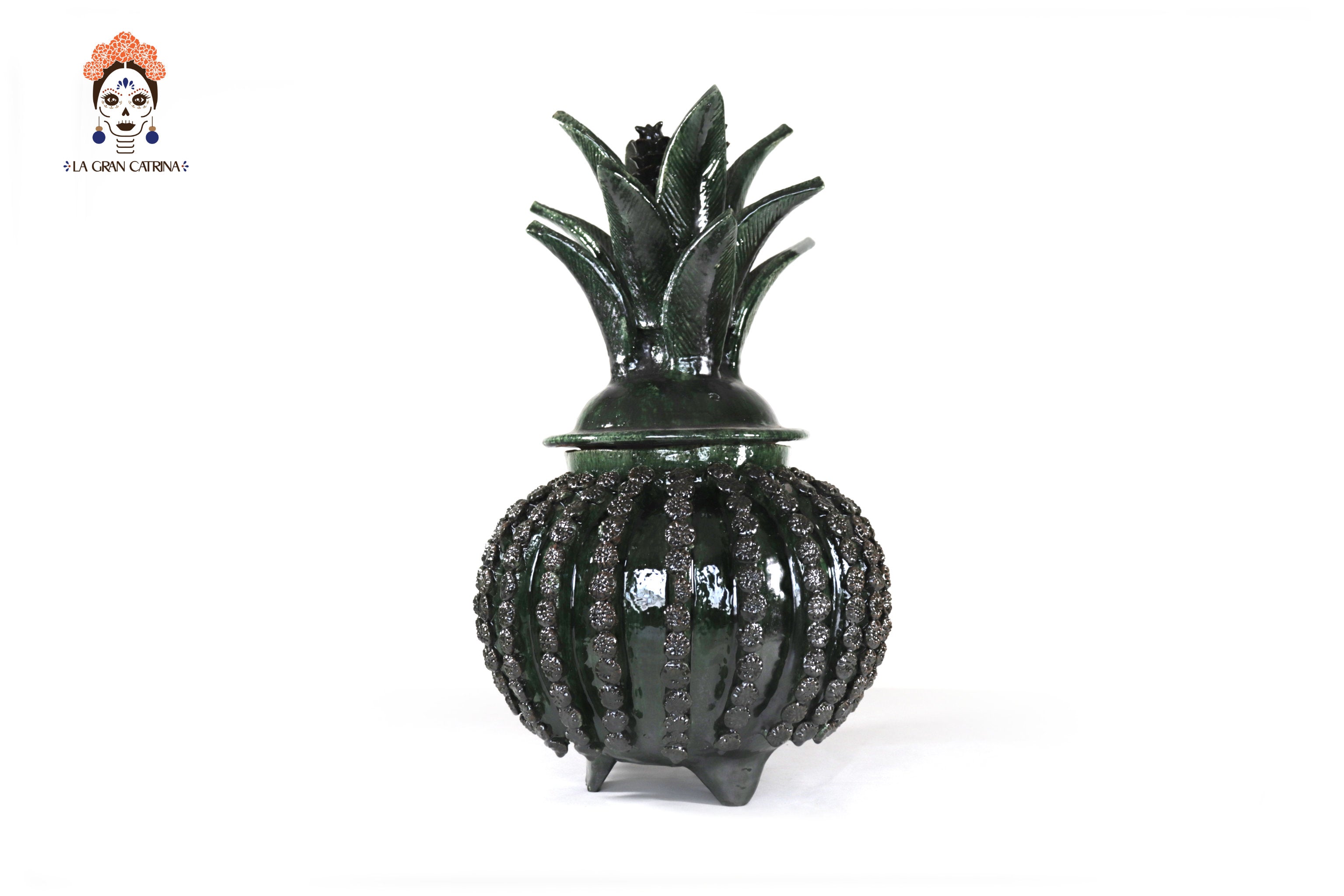 Michoacán Clay Pineapple - Green Barrel Cactus with Flowers - Tangancícuaro - 18 in. Juan Gtz