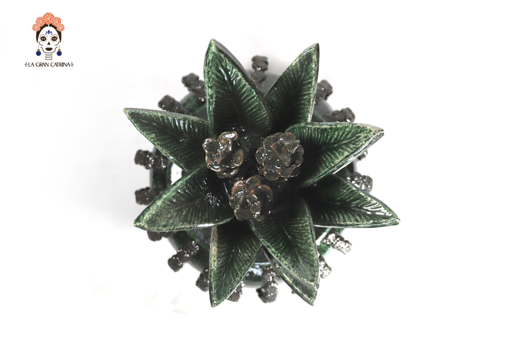 Michoacán Clay Pineapple - Green Barrel Cactus with Flowers - Tangancícuaro - 18 in. Juan Gtz
