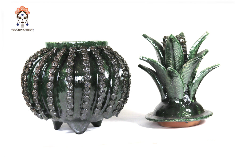 Michoacán Clay Pineapple - Green Barrel Cactus with Flowers - Tangancícuaro - 18 in. Juan Gtz