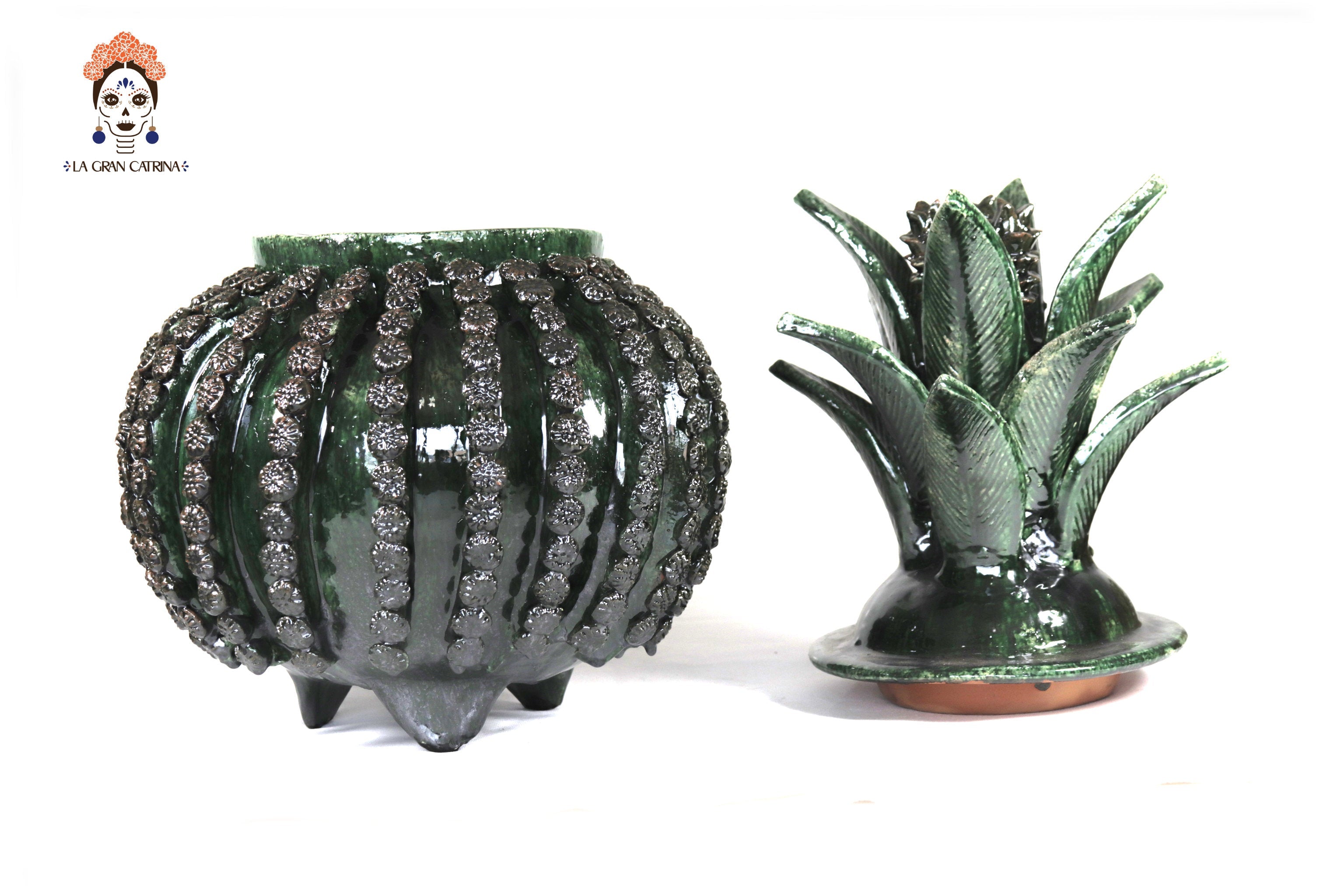 Michoacán Clay Pineapple - Green Barrel Cactus with Flowers - Tangancícuaro - 18 in. Juan Gtz