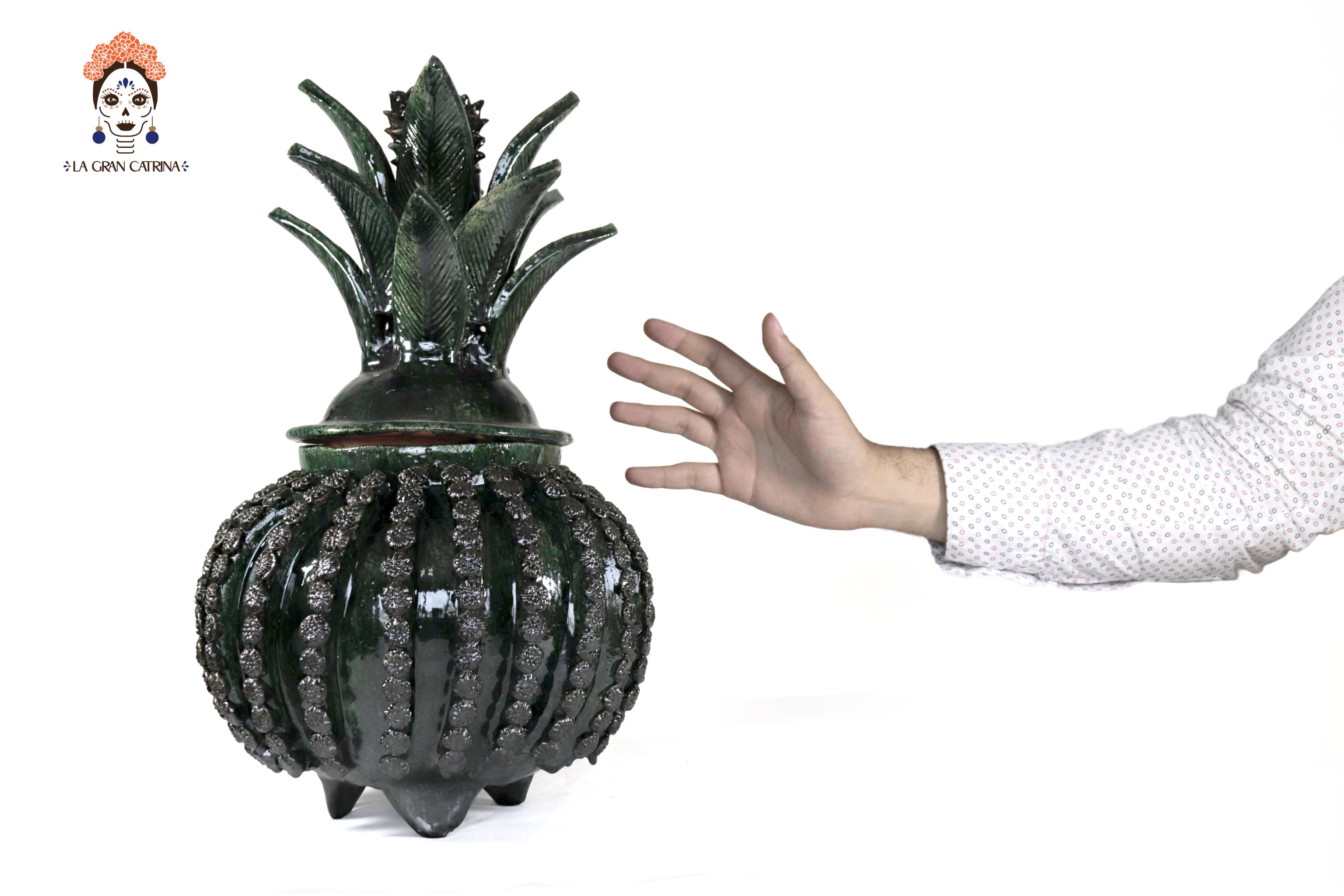 Michoacán Clay Pineapple - Green Barrel Cactus with Flowers - Tangancícuaro - 18 in. Juan Gtz
