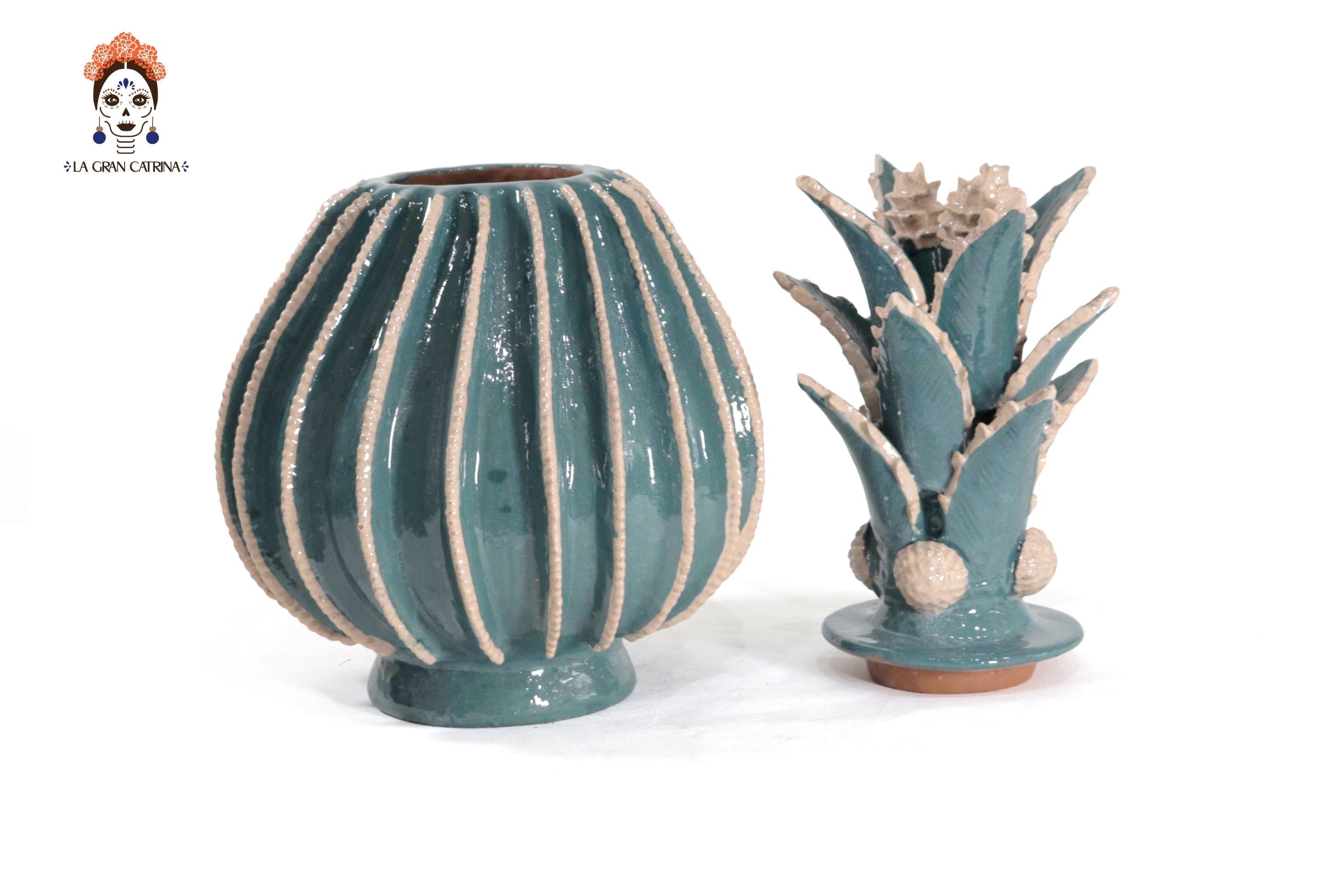 Barrel Cactus Pineapple turquoise with Beige - 19.6 in. - Made to Order 3+ Pcs. Juan Gtz