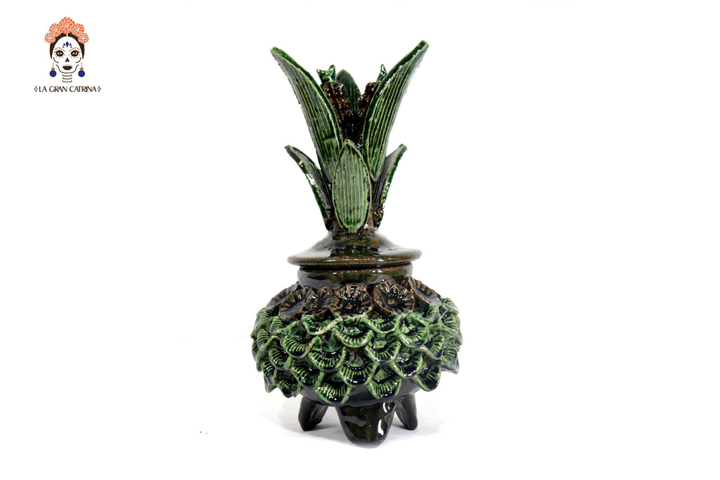 Michoacán Clay Pineapple - Green and brown small petals and flowers - 11.4 in. - Made to Order 10+ pieces Chema SJG